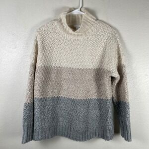 J. Jill Colorblock Funnel Neck Sweater XS Petite Grey Cream Chunky Knit
